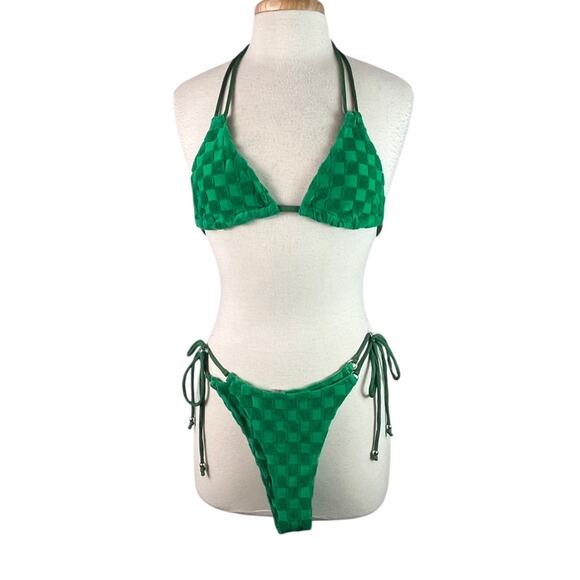 Green Terry Cloth String Bikini Women Medium Checkerboard Textured Cheeky Spring - Picture 1 of 7